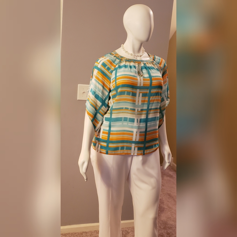 Brand New Sheer Geoprint Studded Blouse